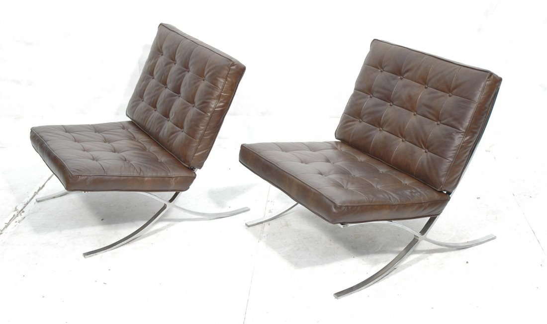 Pair Selig Barcelona Style Lounge Chairs. Brown.: Pair Selig Barcelona Style Lounge Chairs. Brown. Labeled.-- Dimensions: H: 32 inches: W: 30 inches: D: 28 inches ---