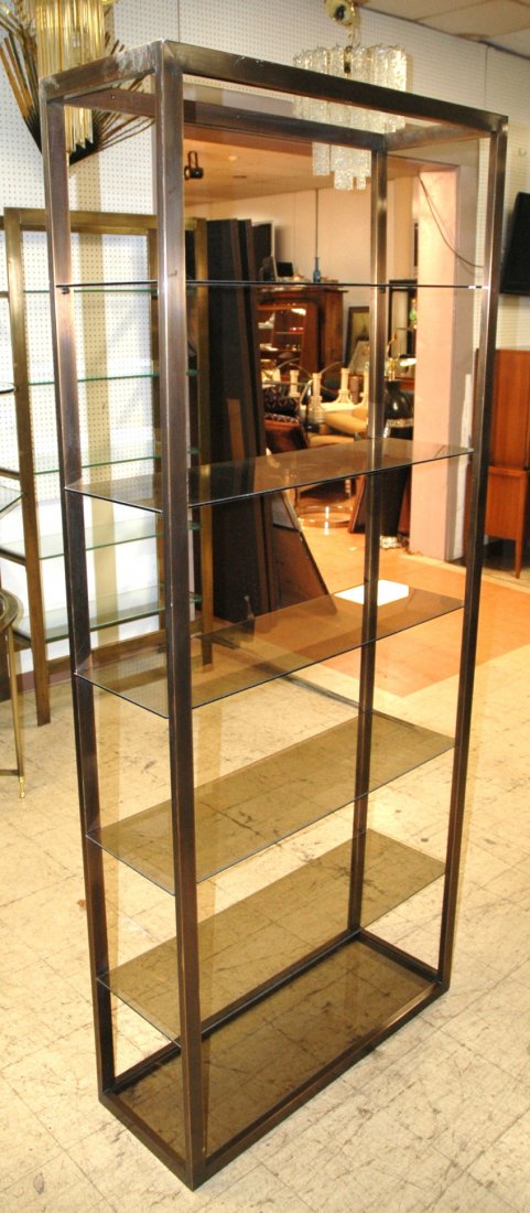 Mastercraft style Brass Shelf Unit with Smoked Gl: Mastercraft style Brass Shelf Unit with Smoked Glass shelves. Unmarked.-- Dimensions: 84 x36w x12.75 deep