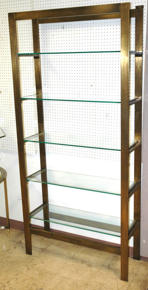 Mastercraft Brushed Brass Shelf Unit with 5 adjus: Mastercraft Brushed Brass Shelf Unit with 5 adjustable shelves. Unmarked.-- Dimensions: H: 84.5 inches: W: 39.5 inches: D: 14.5 inches ---