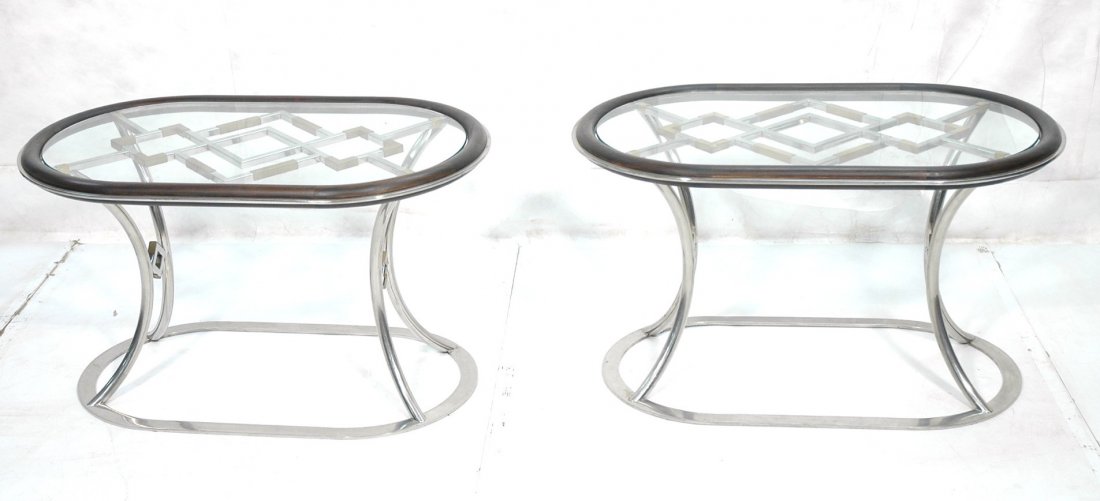 Pr Maison Jansen Chrome Brass and Wood End tables.: Pr Maison Jansen Chrome Brass and Wood End tables. Diamond Decorator style. Heavy steel. Walnut wood rim.-- Dimensions: H: 23 inches: W: 40 inches: D: 24 inches ---