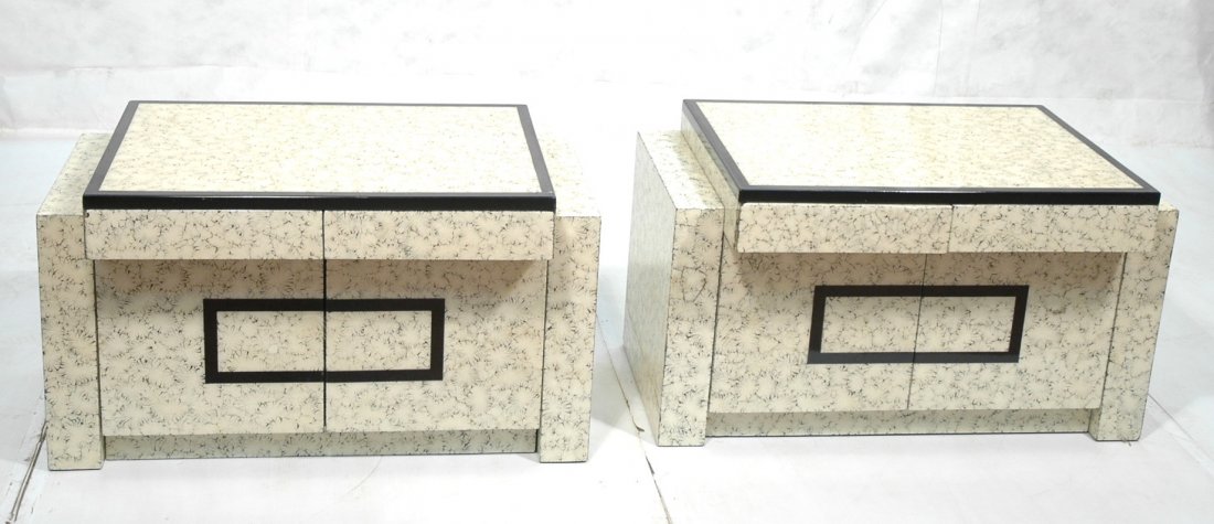Pr KARL SPRINGER Style Lacquer Night Stands. Over: Pr KARL SPRINGER Style Lacquer Night Stands. Oversized with crackled with design.-- Dimensions: H: 24 inches: W: 41 inches: D: 24 inches ---