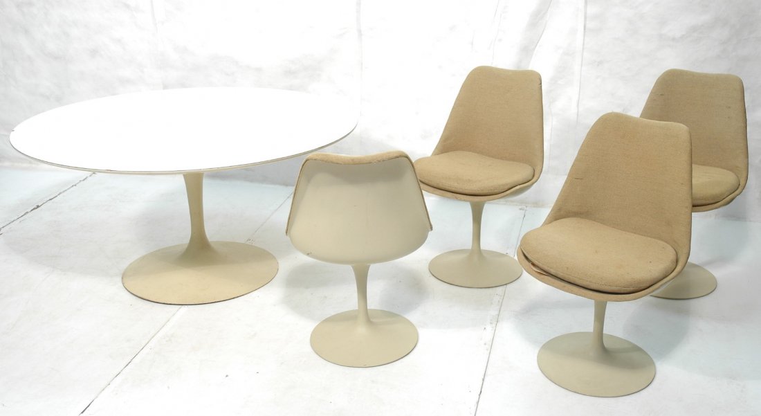 KNOLL Saarinen 4 Chair Dining Set with Tulip Pede: KNOLL Saarinen 4 Chair Dining Set with Tulip Pedestal Table. Labeled on chair.-- Dimensions: H: 25.75 inches: W: 54 inches: D: 54 inches ---