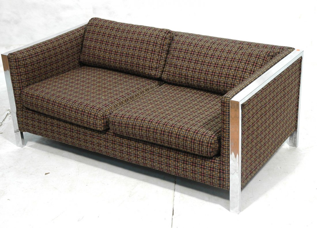MILO BAUGHMAN Style Love Seat with Flat Chrome Ac: MILO BAUGHMAN Style Love Seat with Flat Chrome Accents. Plaid.-- Dimensions: H: 24 inches: W: 61 inches: D: 33 inches ---