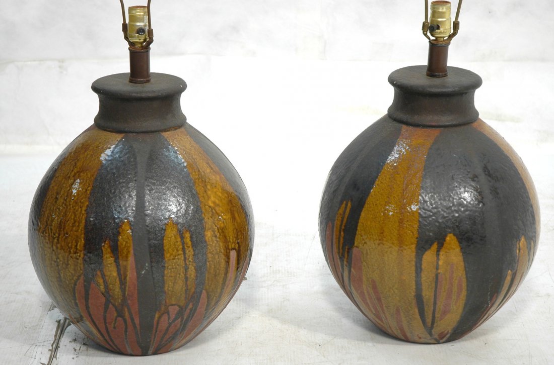 Pair of 70s Bulbous Pottery Lamps. Brown, Black a: Pair of 70s Bulbous Pottery Lamps. Brown, Black and grays.-- Dimensions: H: 32 inches: W: 14 inches: D: 14 inches ---