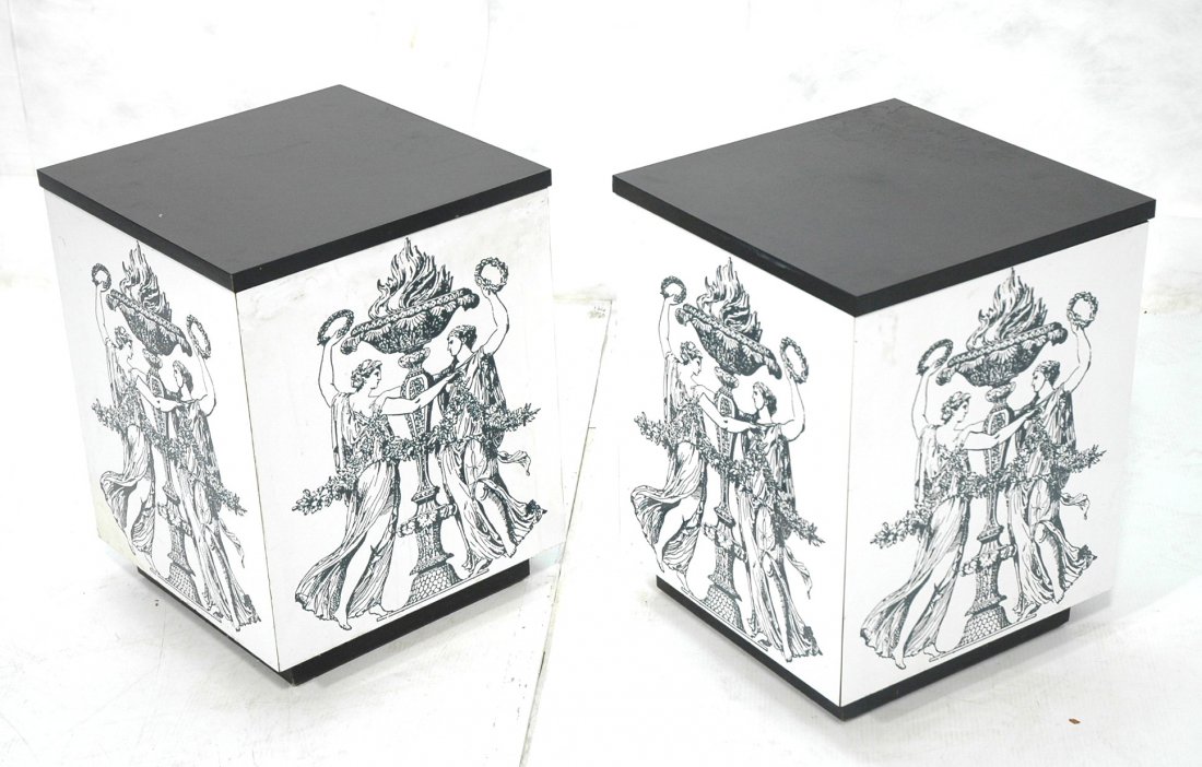 Pair Fornasetti Style End Table Boxes. Lift Tops.: Pair Fornasetti Style End Table Boxes. Lift Tops. Figural design on front. Marked Lane.-- Dimensions: H: 21 inches: W: 16 inches: D: 16 inches ---
