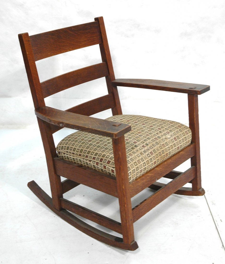 L & JG Stickley Arts and Crafts Rocking Chair. Re: L & JG Stickley Arts and Crafts Rocking Chair. Red Tag.-- Dimensions: H: 33 inches: W: 26 inches: D: 27 inches ---