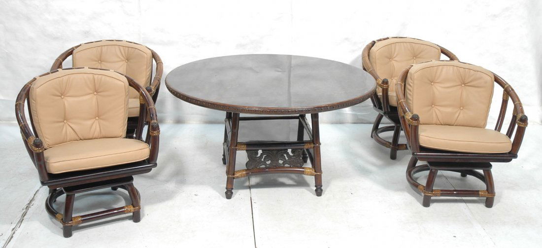 Rattan Dining Set with 4 Chairs and Pedestal Base: Rattan Dining Set with 4 Chairs and Pedestal Base Table. Tufted leather chairs.-- Dimensions: H: 26 inches: W: 49 inches: D: 49 inches ---