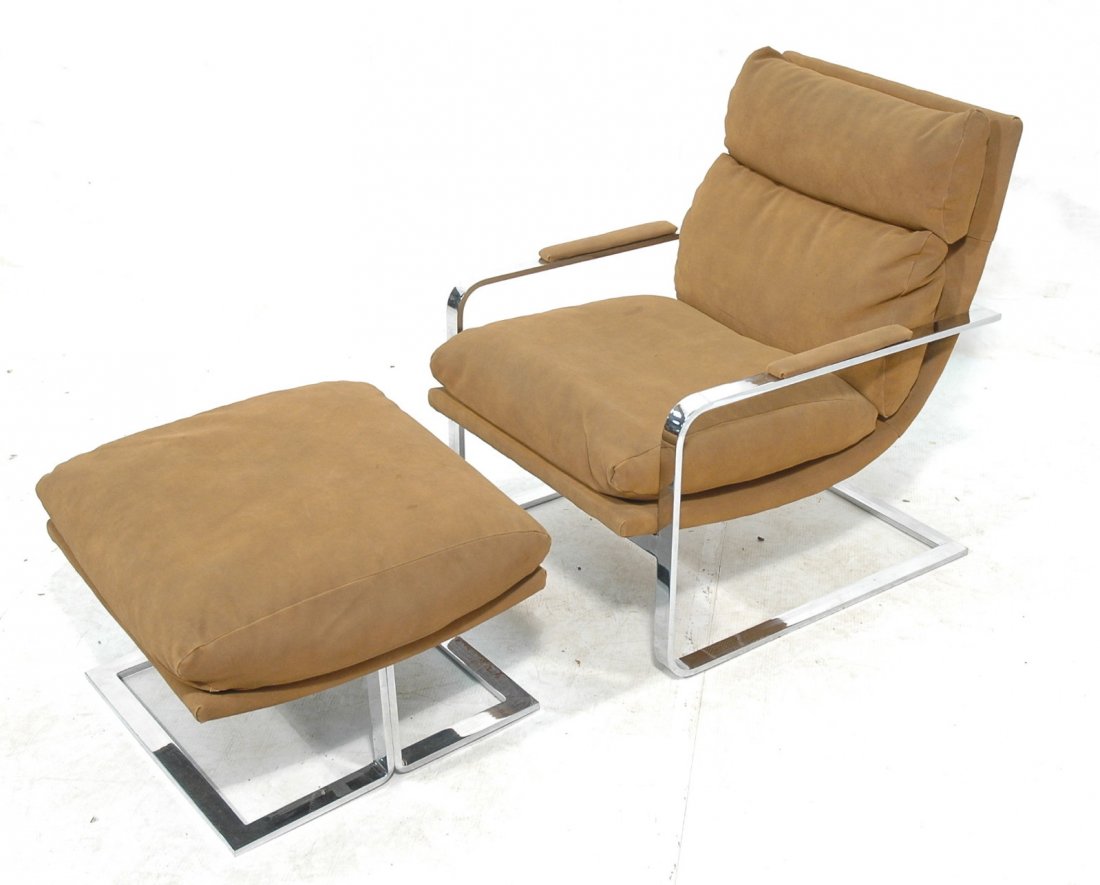 MILO BAUGHMAN style Chrome Chair & Ottoman. Brown Suede: MILO BAUGHMAN style Chrome Chair & Ottoman. Brown Suede. Wide flat stainless frame. Not marked.-- Dimensions: H: 32 inches: W: 26 inches: D: 35 inches ---