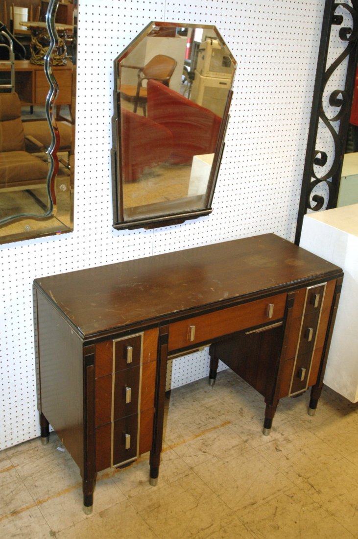 Art Deco Desk and Mirror with Ebonized Finish.: Art Deco Desk and Mirror with Ebonized Finish.-- Dimensions: H: 31 inches: W: 48 inches: D: 19 inches ---