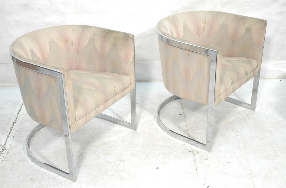 Pair Milo Baughman Style Flat Chrome Barrel Chair: Pair Milo Baughman Style Flat Chrome Barrel Chairs.-- Dimensions: H: 28 inches: W: 27 inches: D: 22 inches ---