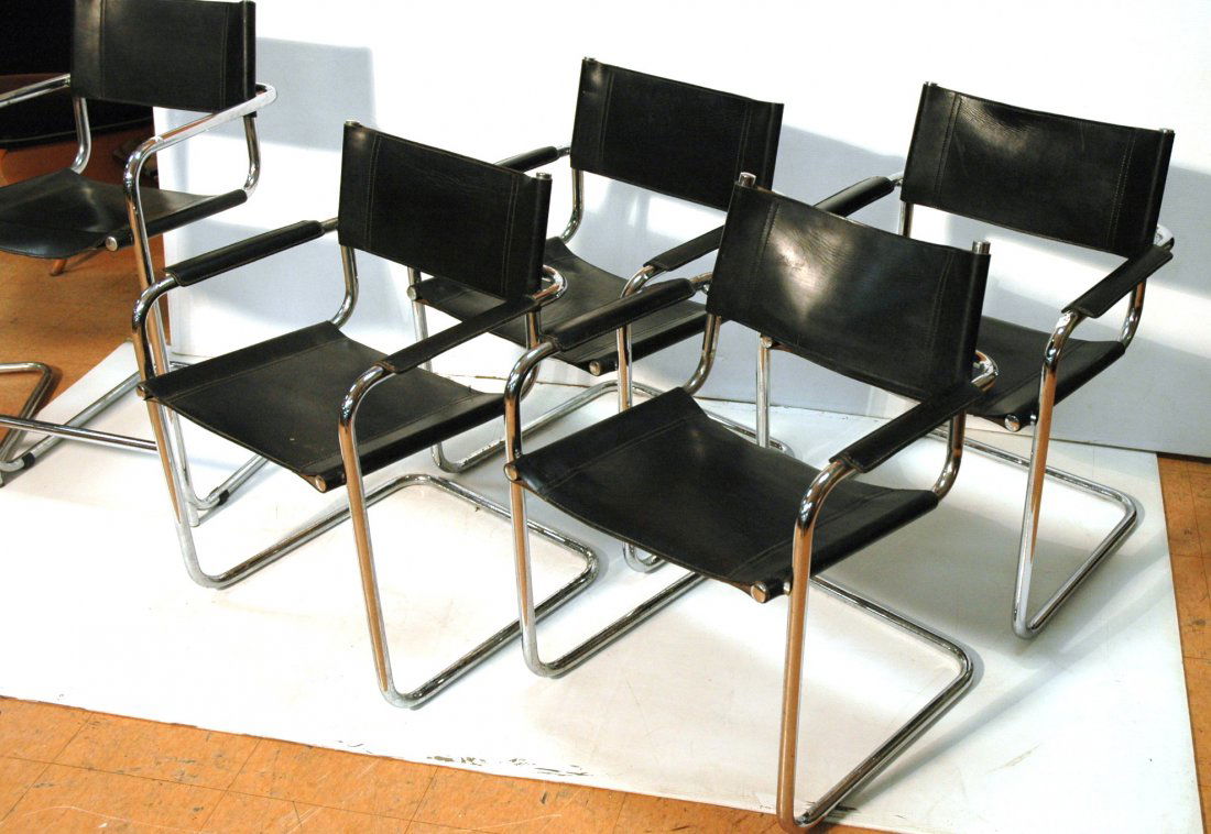 6 Chairs - Loewenstein Oggo Chrome and Leather C: 6 Chairs - Loewenstein Oggo Chrome and Leather Chairs. 4 dining chairs and 2 low bar stools (Back height 35.5 inches)-- Dimensions: H: 31.5 inches: W: 24 inches: D: 21 inches ---