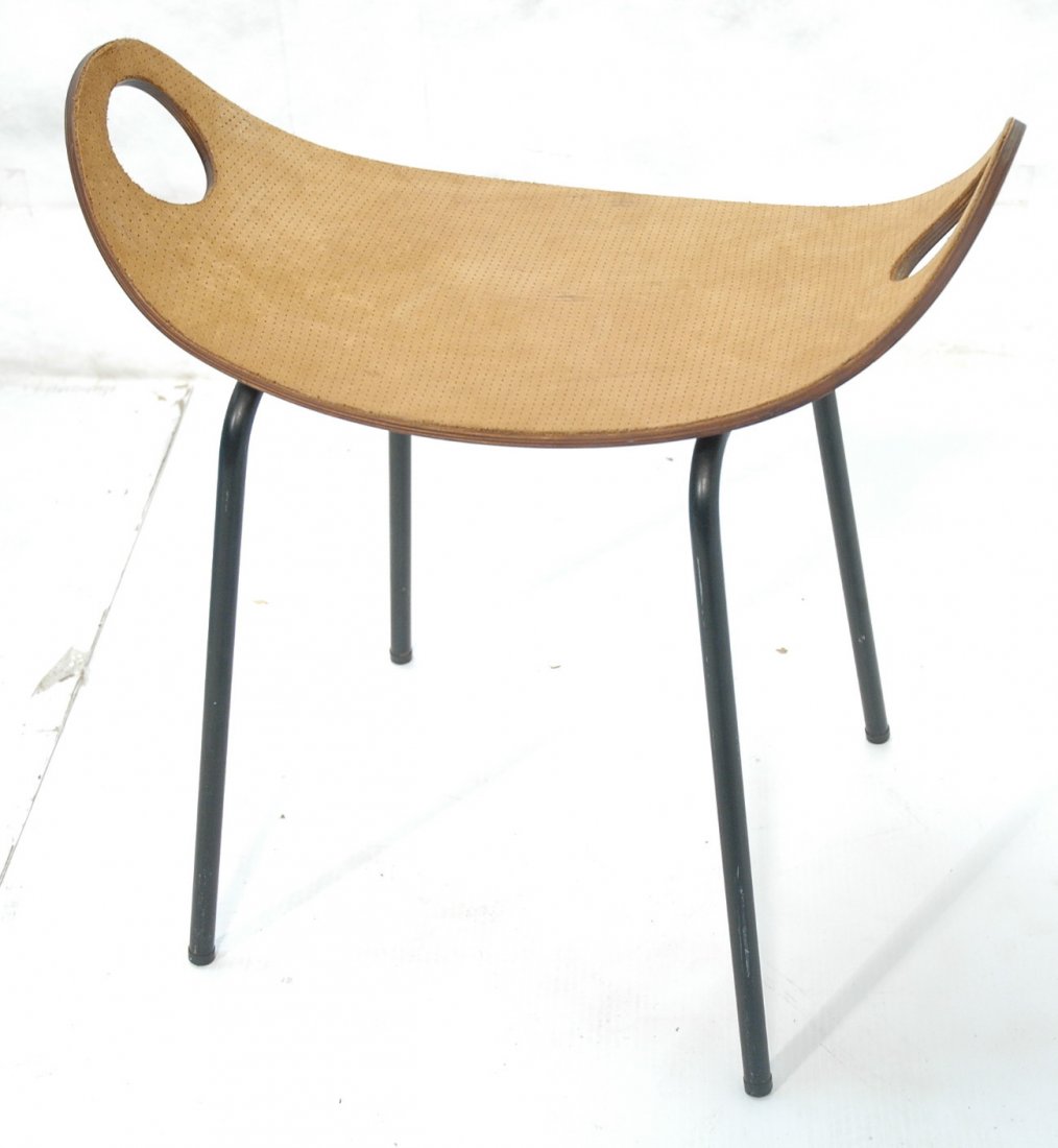 Finland Modern Stool. Hairpin metal legs with woo: Finland Modern Stool. Hairpin metal legs with wood seat covered in textured suede. Label. -- Dimensions: H: 21 inches: W: 21 inches: D: 12 inches ---