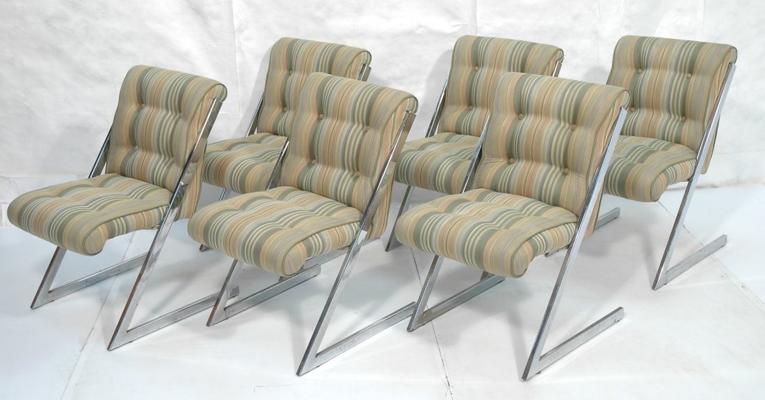 Set 6 Milo Baughman style Chrome Dining Chairs. A: Set 6 Milo Baughman style Chrome Dining Chairs. Angled frame. Striped upholstery. -- Dimensions: H: 33.5 inches: W: 20 inches: D: 24.5 inches ---