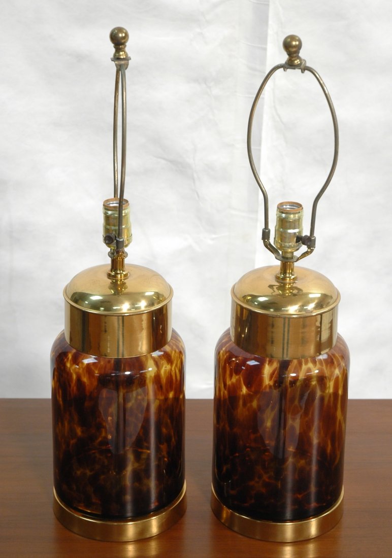 Pr PAUL HANSON Decorator Tortoise Glass Table Lam: Pr PAUL HANSON Decorator Tortoise Glass Table Lamps. Brass Trim. -- Dimensions: H: 24 inches: W: 6.5 inches ---