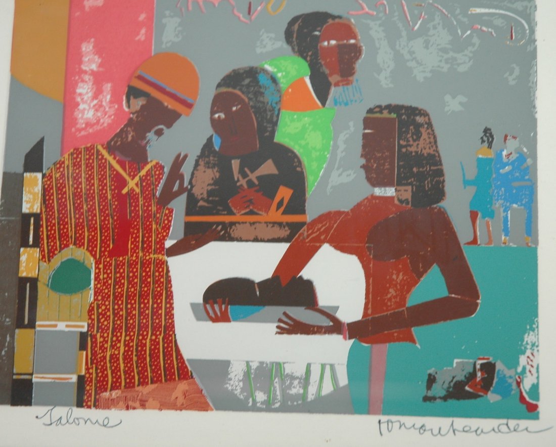 ROMARE BEARDEN Screen print. "SALOME". Colorful i: ROMARE BEARDEN Screen print. "SALOME". Colorful image of women. Signed in ink. -- Dimensions: H: 6.25 inches: W: 7.75 inches ---