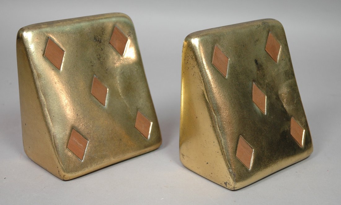 Pr BEN SEIBEL 5 of Diamonds Bookends. Jenfred-war: Pr BEN SEIBEL 5 of Diamonds Bookends. Jenfred-ware. Brass tone bookends with inset wood design. Raymor Jenfred-ware label.-- Dimensions: H: 6 inches: W: 5 inches: D: 3 inches ---