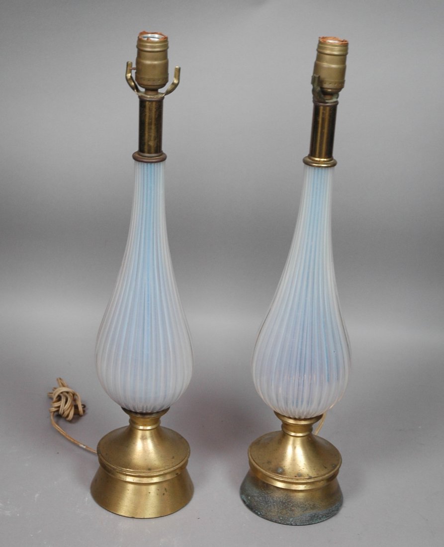 Pr MURANO Art Glass Table Lamps. Possibly BAROVIE: Pr MURANO Art Glass Table Lamps. Possibly BAROVIER. Opaline glass with metal mounts.-- Dimensions: H: 22 inches ---
