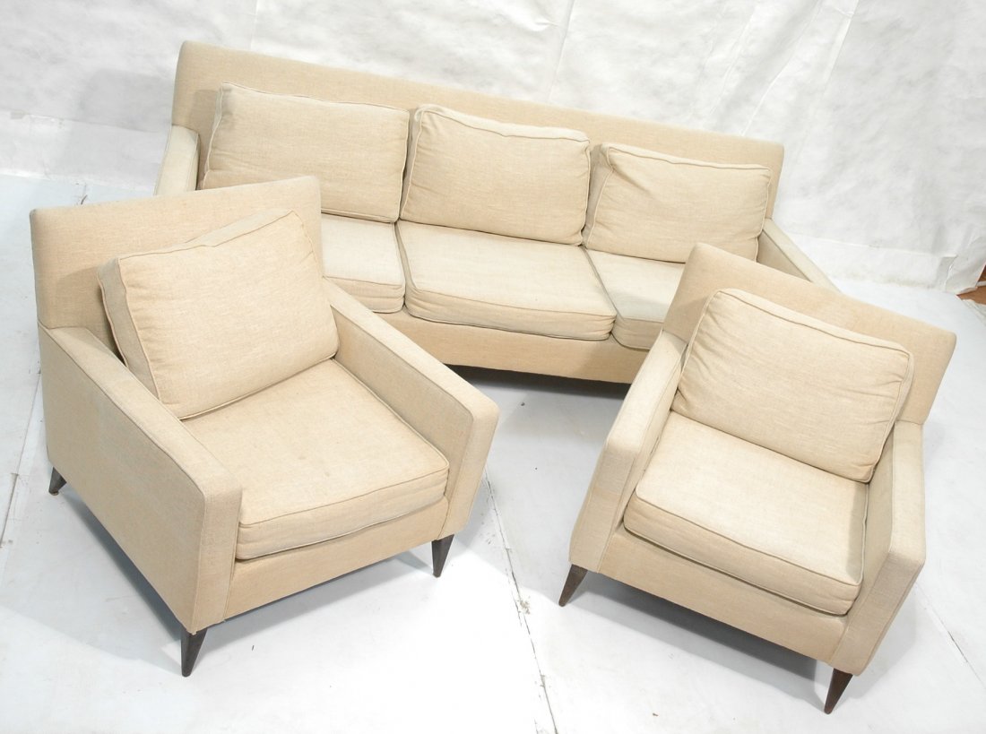 3pc Living Room Set. Paul McCobb style Sofa Couch: 3pc Living Room Set. Paul McCobb style Sofa Couch & Two Lounge Chairs. Tapered peg legs. Cream linen fabric.-- Dimensions: H: 27 inches: D: 33 inches: L: 80.5 inches ---