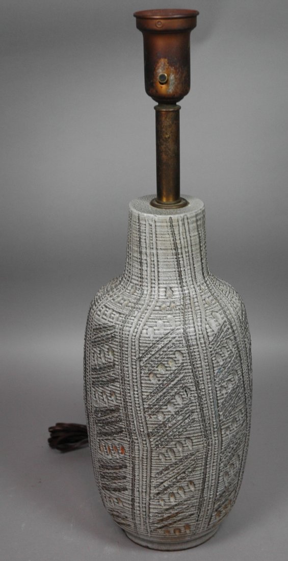 Large Pottery Carved Form Table Lamp. Design Technics: Large Pottery Carved Form Table Lamp. Design Technics Not marked.-- Dimensions: H: 24 inches: W: 8 inches ---