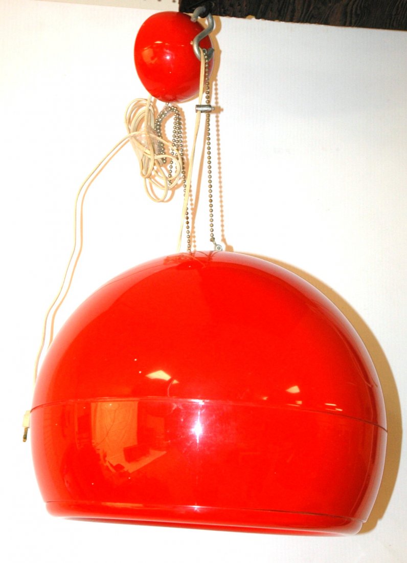 Artemide studio Tetrarch Red Plastic Ball Lamp: Artemide studio Tetrarch 70's Modern Red Plastic Ball Hanging Pendant Light Chandelier.-- Dimensions: H: 13 inches: W: 15 inches ---