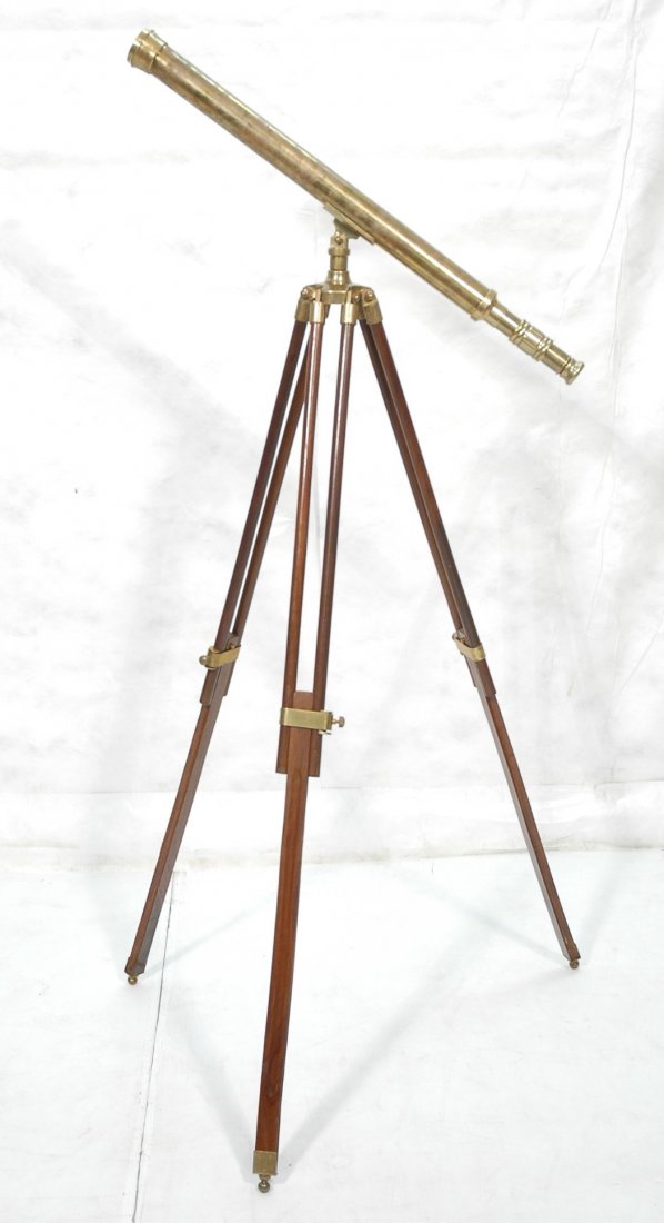 Contemporary Brass Telescope on Wood Tripod Stand