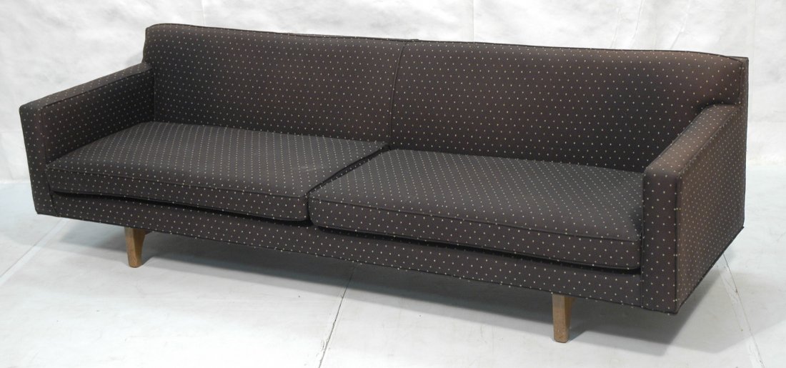 EDWARD WORMLEY for DUNBAR Sofa Couch. Black uphol: EDWARD WORMLEY for DUNBAR Sofa Couch. Black upholstery on walnut frame. Stylish wood details to back.-- Dimensions: H: 28 inches: D: 33 inches: L: 91 inches ---