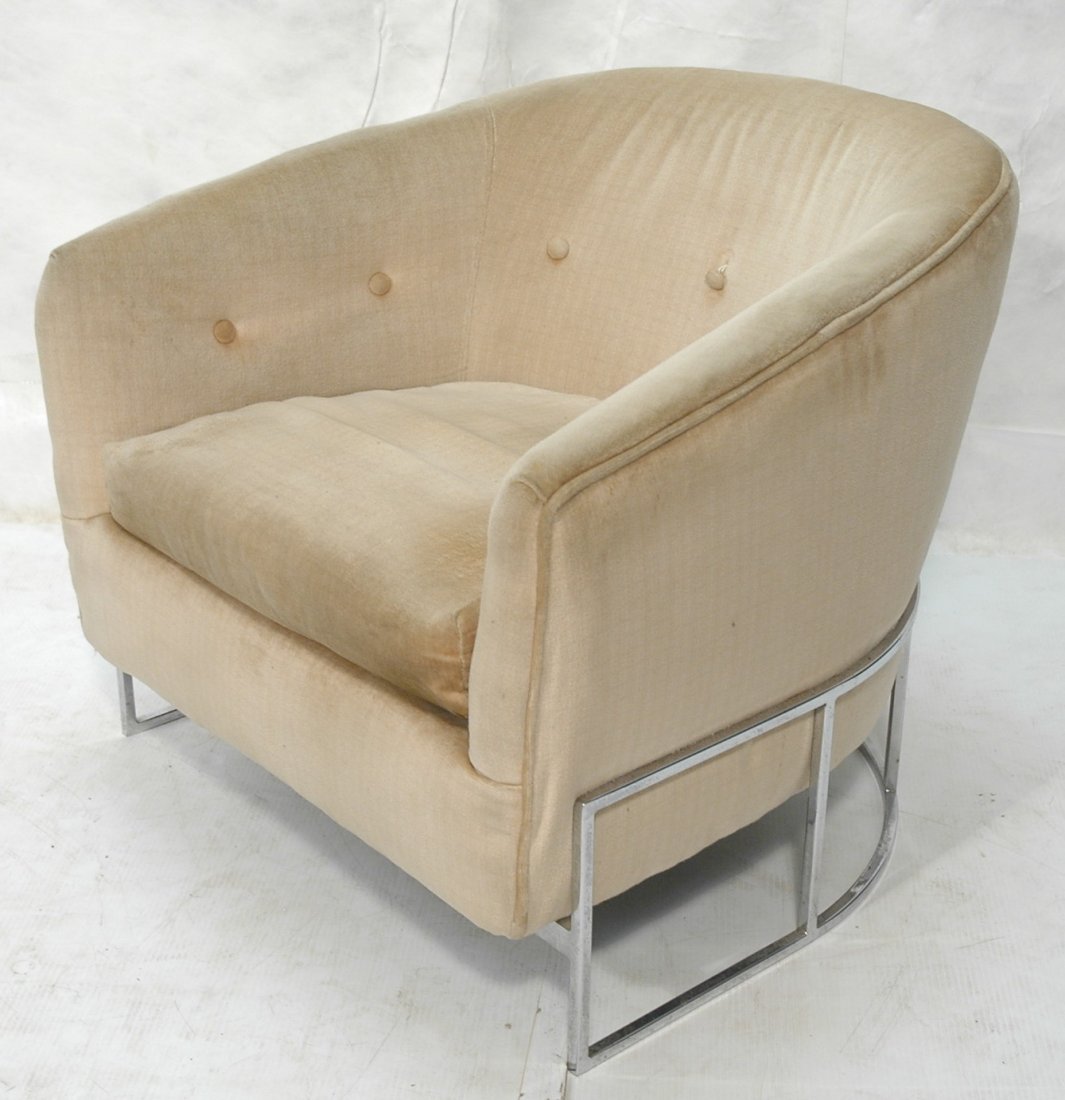 Milo Baughman Barrel Back Lounge Chair. Square ch: Milo Baughman Barrel Back Lounge Chair. Square chrome base. Unmarked. -- Dimensions: H: 26 inches: W: 29 inches: D: 28.5 inches ---