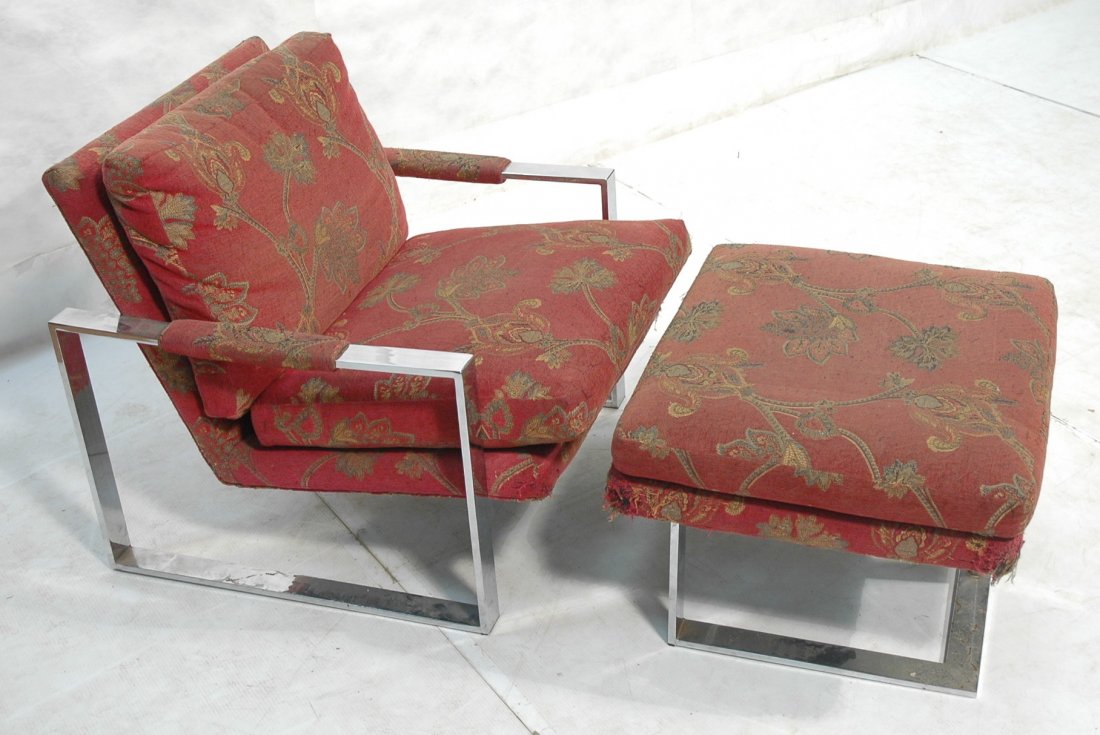 Milo Baughman style Lounge Chair & Ottoman. Wide: Milo Baughman style Lounge Chair & Ottoman. Wide flat chrome frame. Red floral upholstery.-- Dimensions: H: 29.5 inches: W: 29 inches: D: 35.5 inches ---