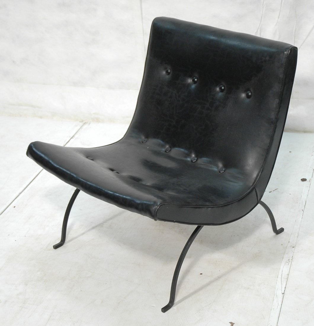 MILO BAUGHMAN Scoop form Lounge Chair. Black viny: MILO BAUGHMAN Scoop form Lounge Chair. Black vinyl sling on iron base. -- Dimensions: H: 29 inches: W: 26.5 inches: D: 28 inches ---