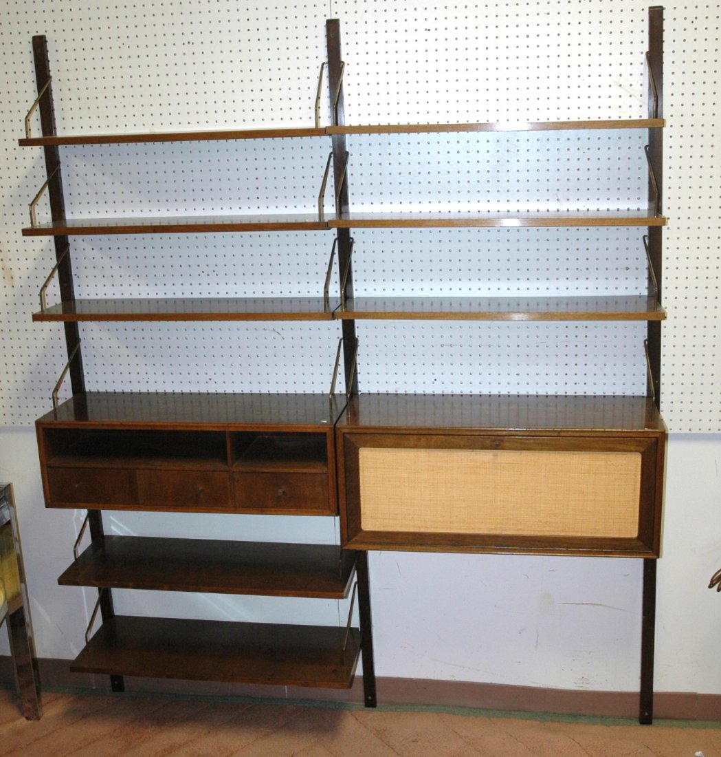 SELIG Danish Modern Adjustable Wall Shelf Unit. E: SELIG Danish Modern Adjustable Wall Shelf Unit. Eight shelves. Two cabinets. Comes with SELIG Wall Furniture Brochure/Installation Guide.-- Dimensions: H: 77.5 inches: W: 64 inches: D: 12 inches ---
