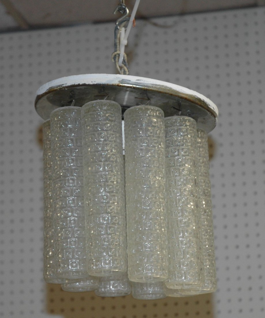 Pr Modernist 70's Hanging Pendant Light Chandelie: Pr Modernist 70's Hanging Pendant Light Chandelier. Textured glass tubes suspended from silver tone cap. -- Dimensions: H: 9 inches: W: 9 inches ---