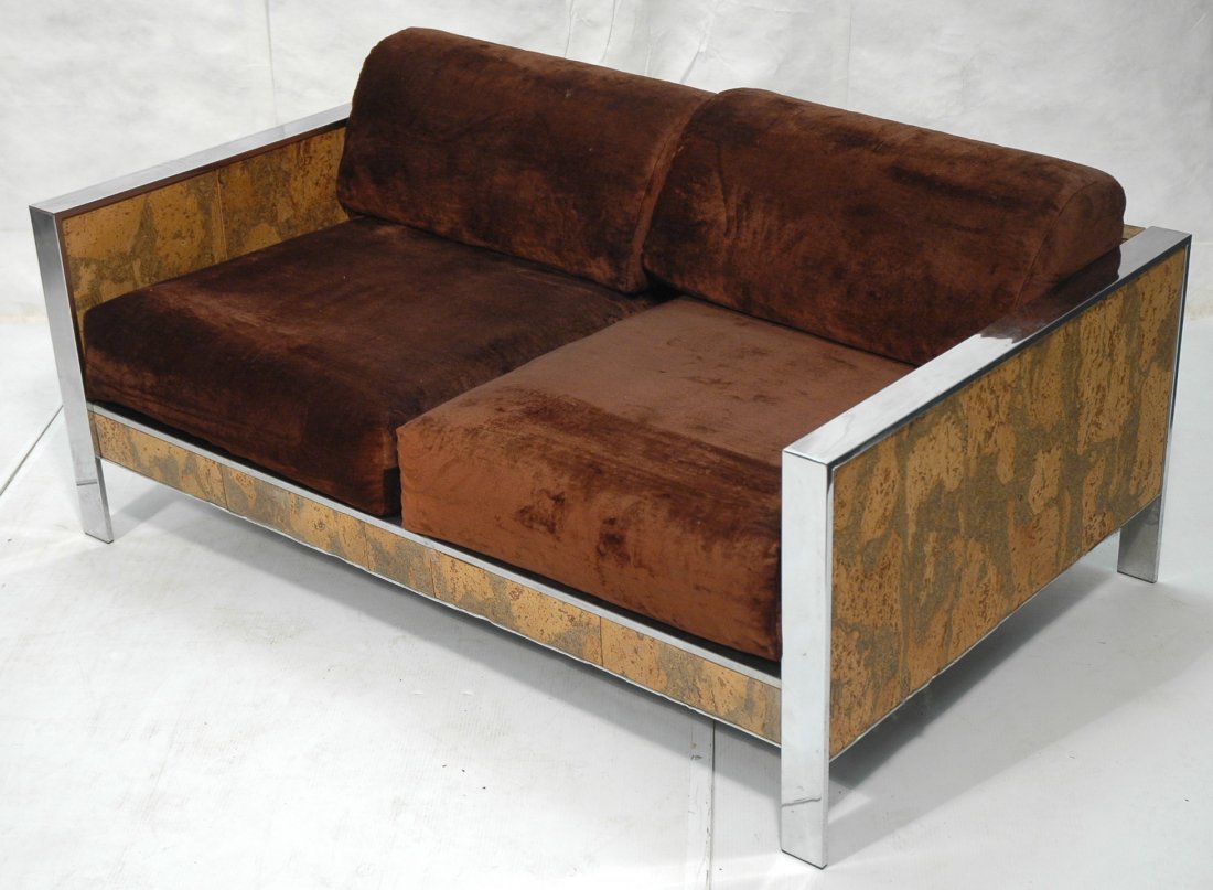MILO BAUGHMAN Cork Sided Chrome Love Seat. Brown: MILO BAUGHMAN Cork Sided Chrome Love Seat. Brown plush fabric upholstery. Not marked.-- Dimensions: H: 27 inches: W: 58 inches: D: 35.5 inches: L: inches ---
