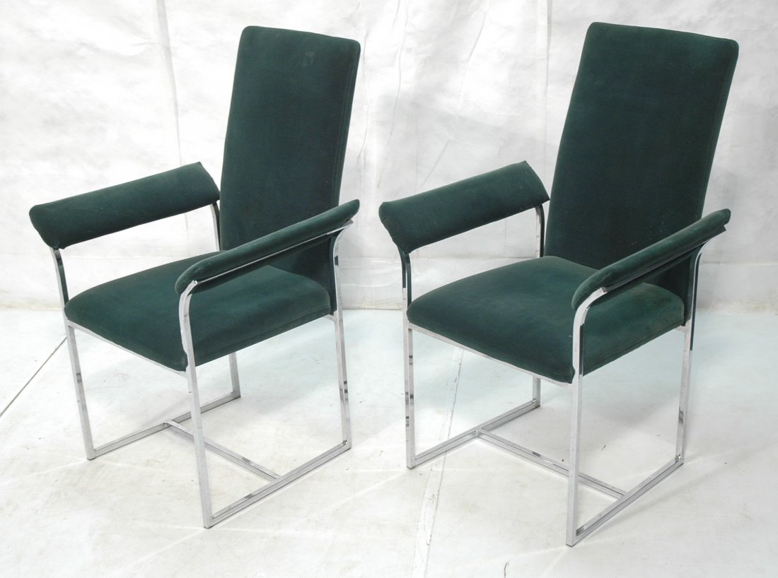 Pr MILO BAUGHMAN style Dining Arm Chairs. Thin tu: Pr MILO BAUGHMAN style Dining Arm Chairs. Thin tubular legs. Flared arms. Green velvet fabric upholstery. -- Dimensions: H: 39.5 inches: W: 26 inches: D: 24.25 inches ---