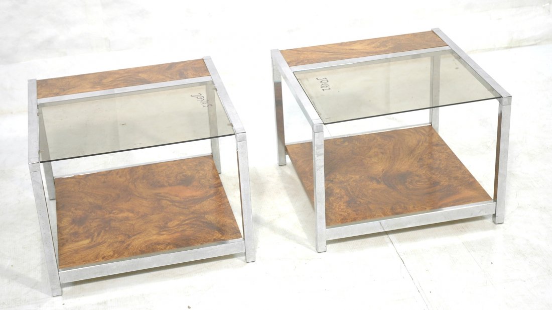 Pr MILO BAUGHMAN End Tables. Chrome frame with bu: Pr MILO BAUGHMAN End Tables. Chrome frame with burled laminate and smoked glass top. Unmarked. -- Dimensions: H: 16.5 inches: W: 22 inches: D: 22 inches ---