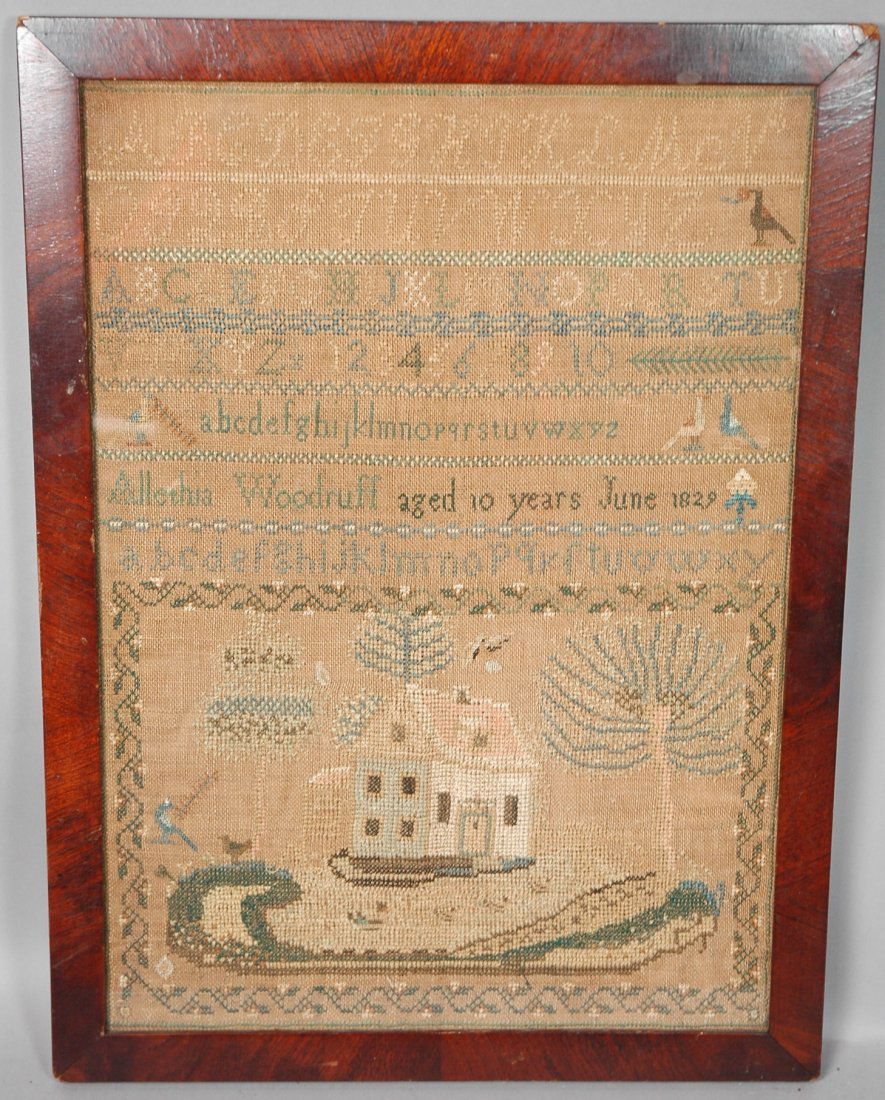 Allethia Woodruff 1829 Sampler Needlework. Age 10: Allethia Woodruff 1829 Sampler Needlework. Age 10. House and Birds. Framed under glass. New Jersey family.-- Dimensions: Image Size: H: 17.5 inches: W: 12.25 inches ---