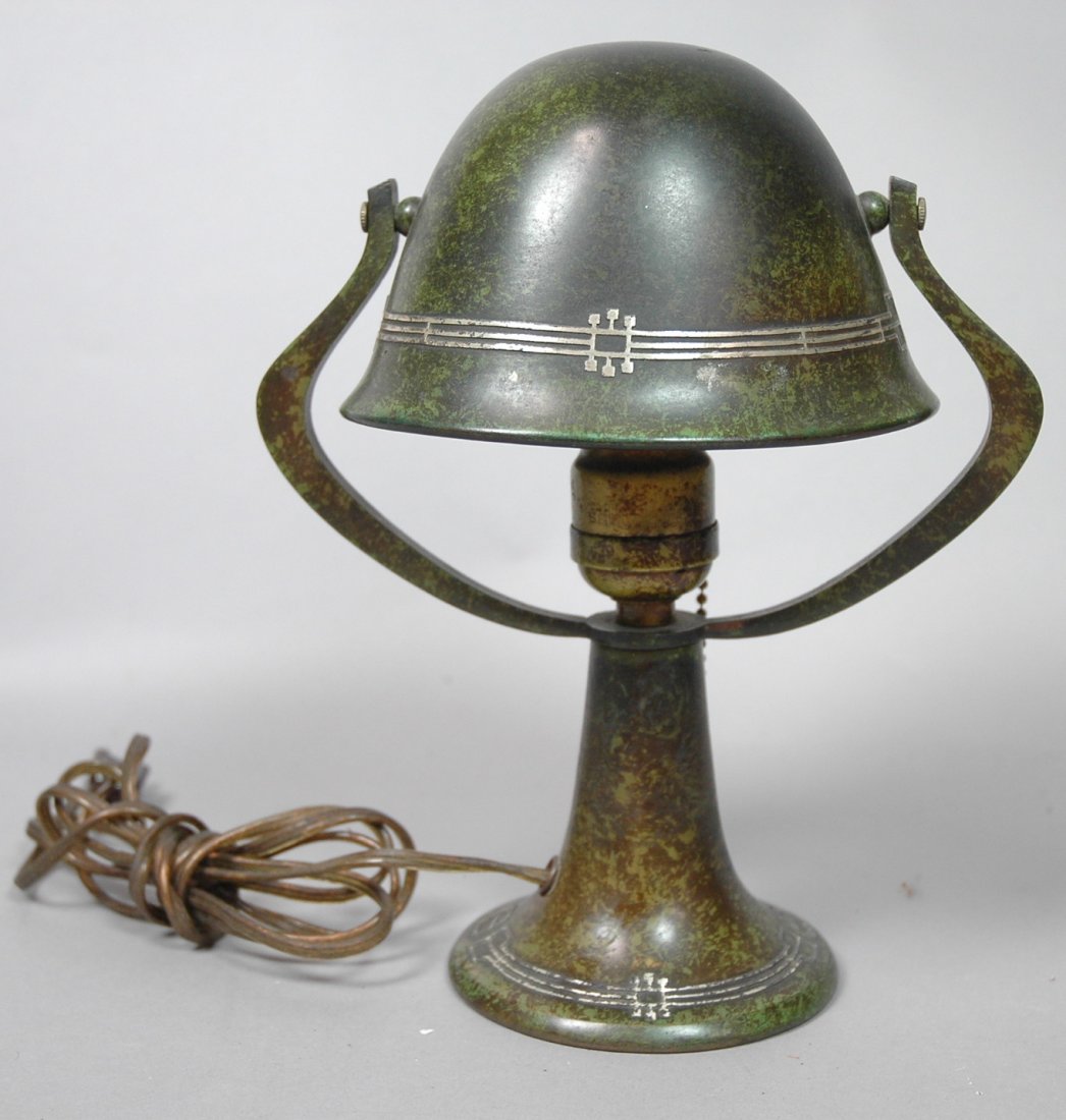 Heintz Arts and Crafts Table Lamp. Silver and Br: Heintz Arts and Crafts Table Lamp. Silver and Bronze with green patina. Unmarked.-- Dimensions: H: 10 inches: W: 8 inches: D: 6.5 inches --- US Shipping charge: $35