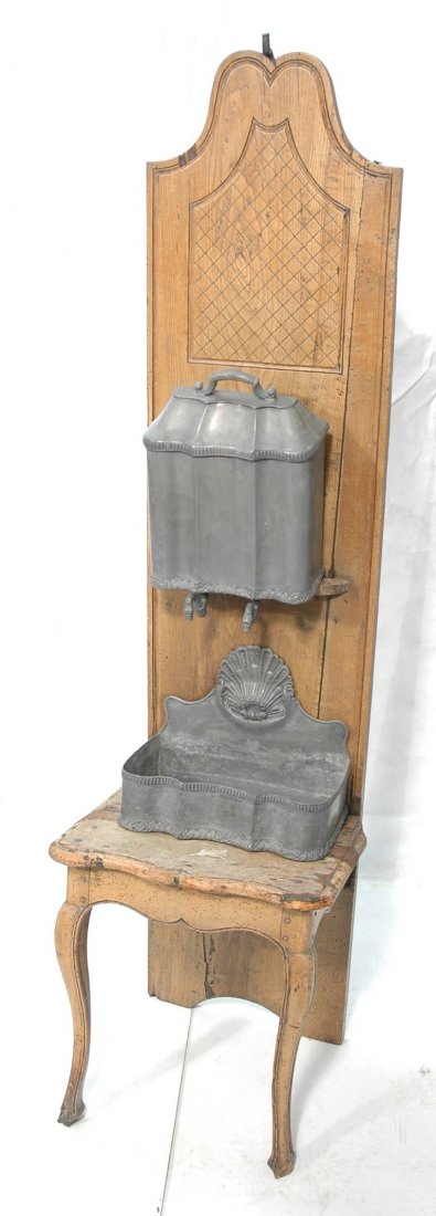 Antique Country French Lavabo Wall Fountain Chair: Antique Country French Lavabo Wall Fountain Chair. Pewter and wood. Originally, this lavabo would have been used for washing hands before dining. The upper tank held the water and the lower basin caug