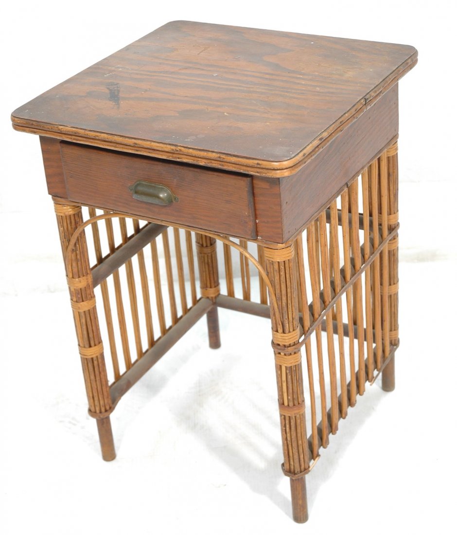 1940s Rattan Side Table with One Drawer.: 1940s Rattan Side Table with One Drawer. -- Dimensions: H: 28.5 inches: W: 20.5 inches: D: 20.5 inches ---