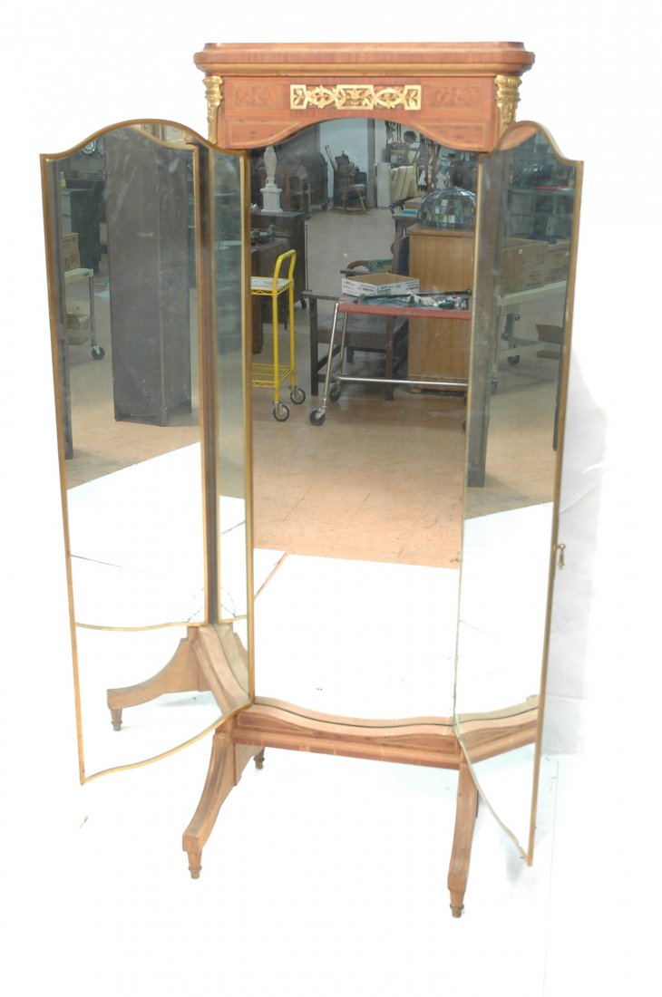 French Empire Three Part Cheval Mirror. Pencil In: French Empire Three Part Cheval Mirror. Pencil Inlay and gilt bronze accents. Mirror Brot.-- Dimensions: H: 77 inches: W: 30 inches ---