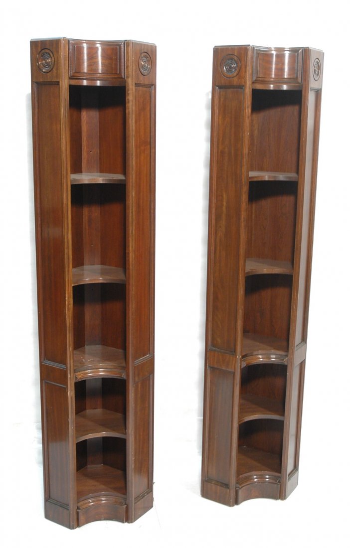 Pair Decorative Narrow Corner Shelves with Carved: Pair Decorative Narrow Corner Shelves with Carved rosettes.-- Dimensions: H: 80 inches: W: 23 inches ---