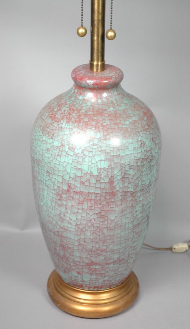 Vintage Decorative Pottery MARBRO Table Lamp: Decorative Pottery MARBRO Table Lamp. Brass & Wood mounts. Crackle glaze. Label-- Dimensions: H: 44 inches ---