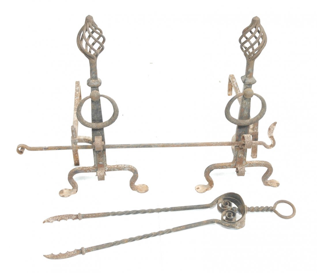 Pair of Ornate Large Forged Iron Andirons with Tools: Pr Large Iron Andirons with Tools. Forged iron in twisted ring design.-- Dimensions: H: 31 inches: W: 14.5 inches: D: 31 inches ---