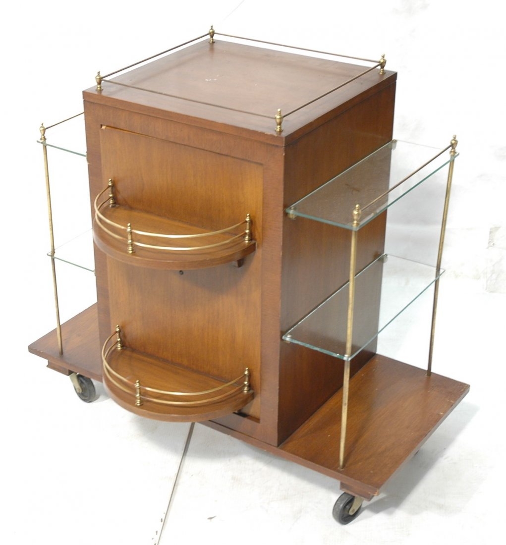Decorator Art Deco Bar Cabinet Cart. Revolving Do: Decorator Art Deco Bar Cabinet Cart. Revolving Doors. Glass side shelves with brass supports. Brass gallery. On casters-- Dimensions: H: 35 inches: W: 38 inches: D: 18 inches ---