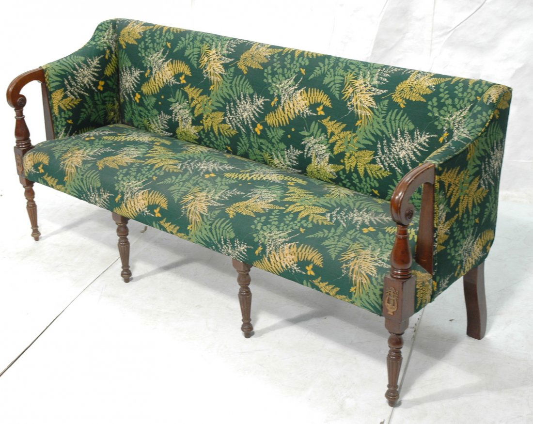 Long Antique Empire Style Couch Sofa. Wood frame: Long Antique Empire Style Couch Sofa. Wood frame with bronze mounts. Green fern fabric upholstery. -- Dimensions: H: 33 inches: W: 72 inches: D: 24 inches ---