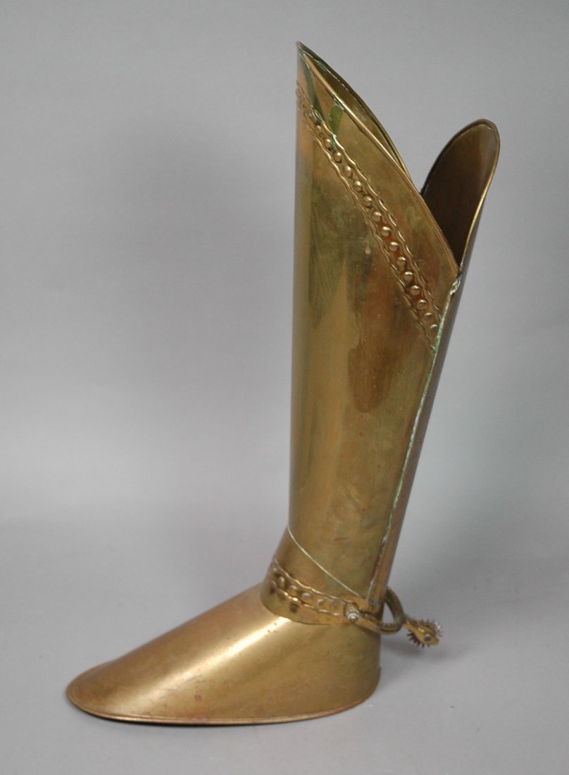 Decorator Brass English Umbrella Stand. Boot Form: Decorator Brass English Umbrella Stand. Boot Form. -- Dimensions: H: 21.5 inches: W: 12 inches: D: 5 inches ---