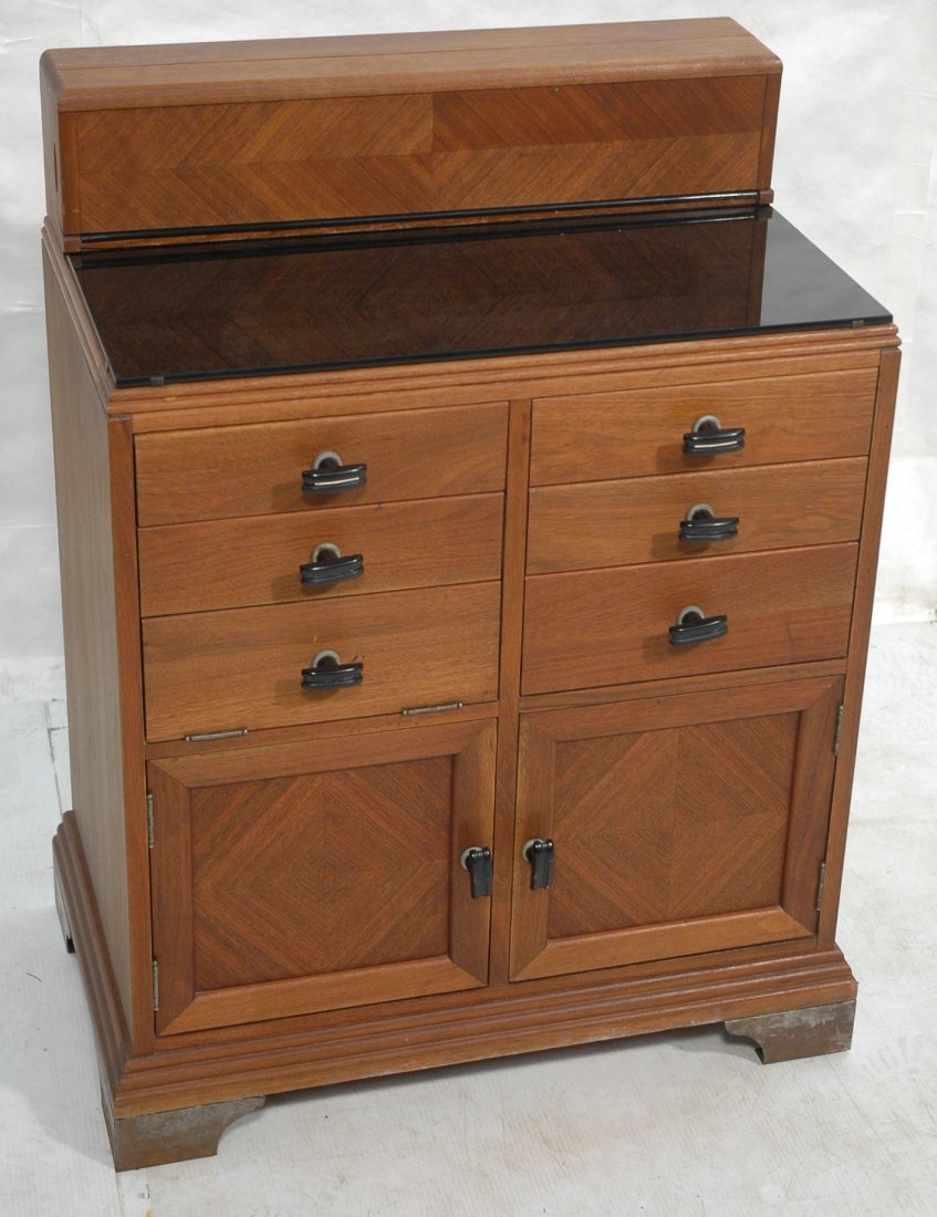 Art Deco Period Medical Cabinet. Flip Top Front.: Art Deco Period Medical Cabinet. Flip Top Front. Black glass top with black bakelite pulls. -- Dimensions: H: 38.5 inches: W: 28 inches: D: 18 inches ---