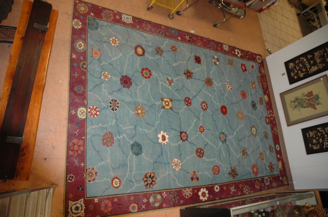 Large Room Sized John KURTZ Handwoven New Moon Rug: Large Room Sized KURTZ New Moon Rug. Handwoven in Nepal with 100% Wool and Chinese Silk. Designed by John Kurtz. Cracked Ice, Azure-- Dimensions: H: 13'5" inches: W: 9'10" inches ---