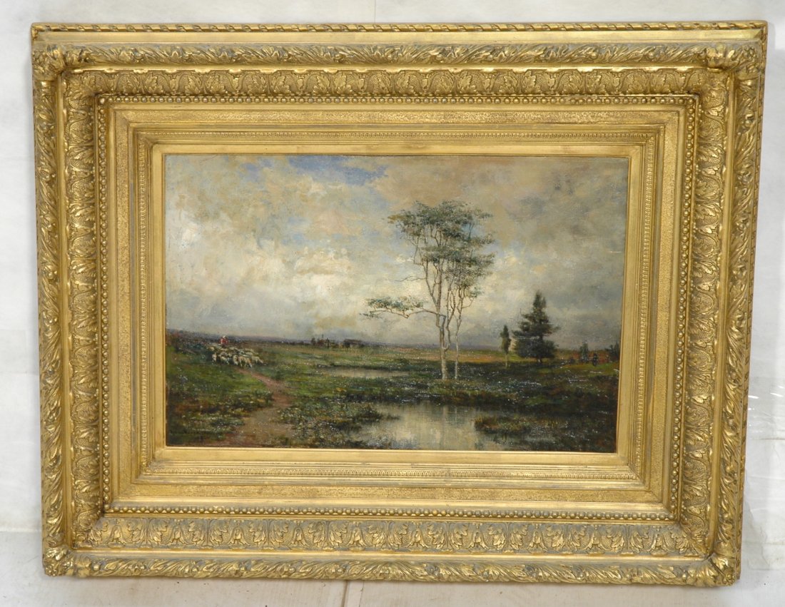 ROBERT WARD VAN BOSKERCK Oil Painting. Landscape: ROBERT WARD VAN BOSKERCK Oil Painting. Landscape with Sheep & Trees. Oil on Canvas. Antique Gilt Frame. Frame is 6" wide by 4" deep. Signed.-- Dimensions: H: 14 inches: W: 21 inches ---