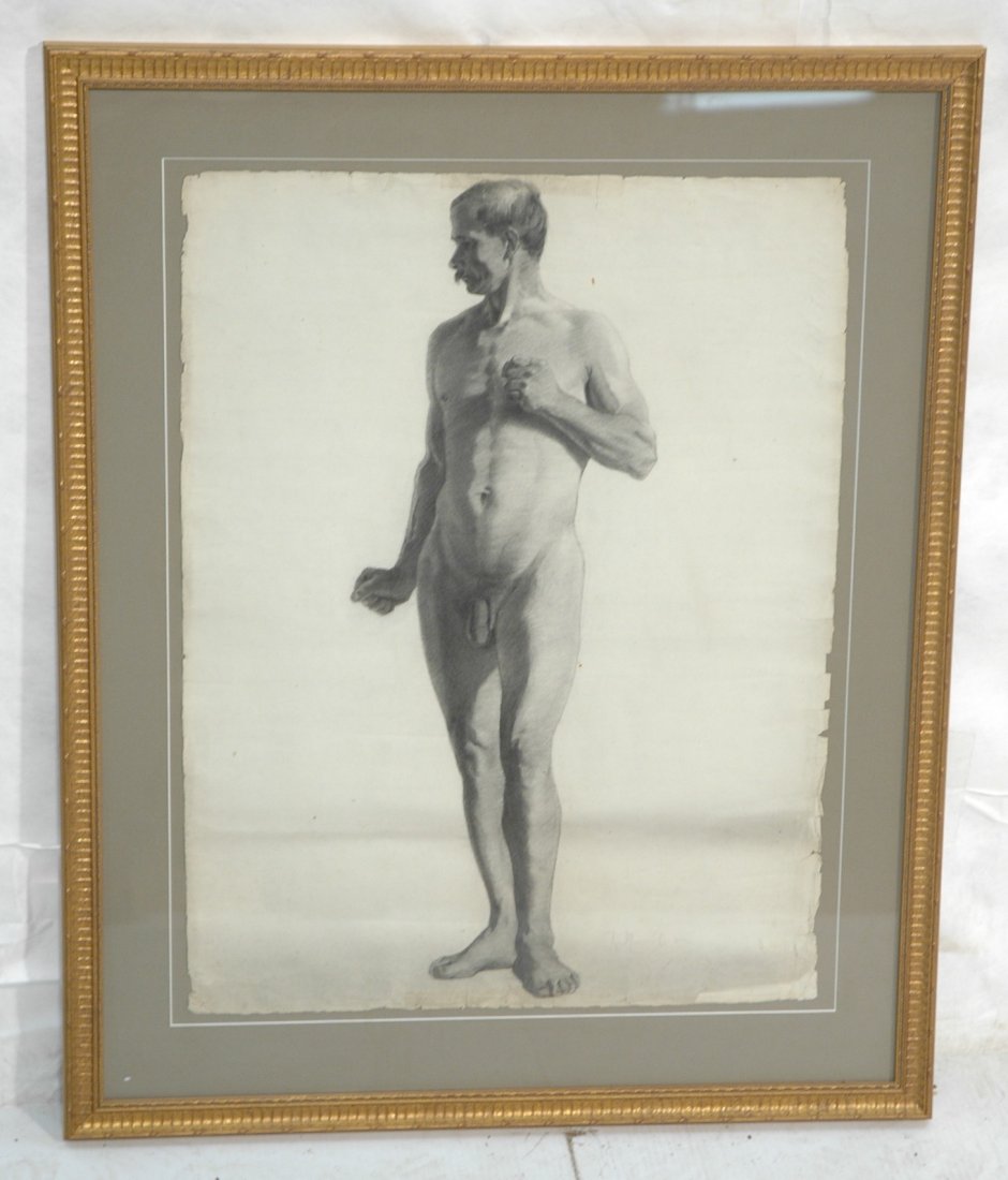 Charcoal Drawing of Nude Male By R. MULLHEARN. Ch: Charcoal Drawing of Nude Male By R. MULLHEARN. Charcoal sketch.-- Dimensions: Image Size: H: 24.54 inches: W: 18.5 inches ---