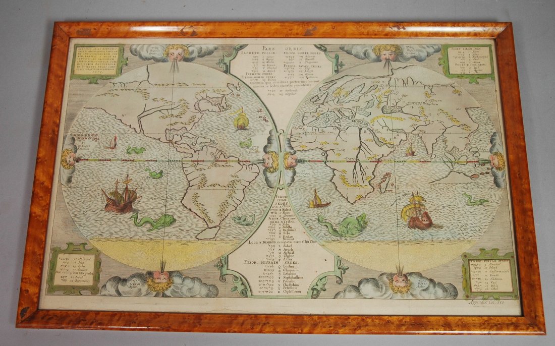 Antique Map of The World. Hand Colored. Australia: Antique Map of The World. Hand Colored. Australian map. PARS ORBIS, 1571. Map maker Arias Montanus. Antique Birds Eye Maple frame.-- Dimensions: Image Size: H: 13 inches: W: 19 inches ---